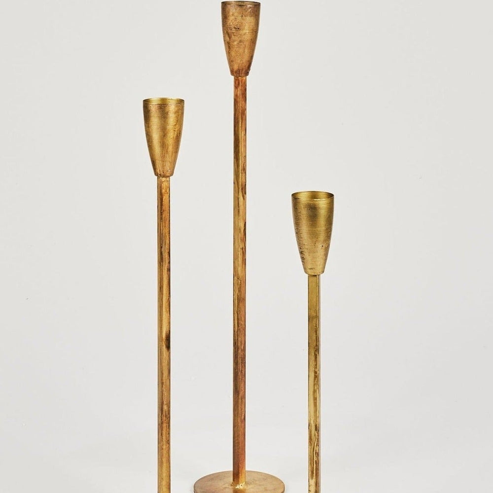 Set of 3 Antique Gold Taper Candle Holders - 15.75-23.75"
