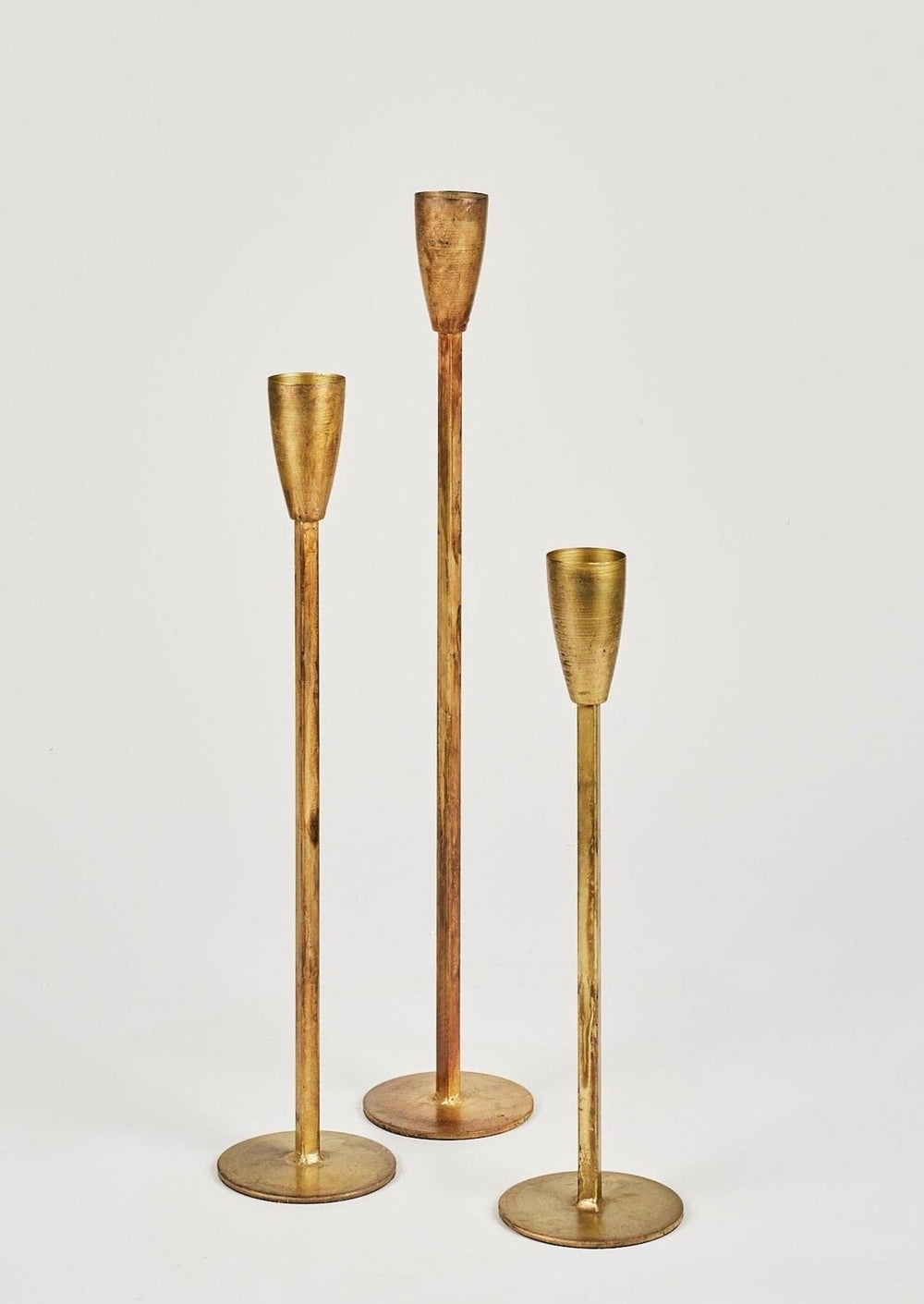 Set of 3 Antique Gold Taper Candle Holders - 15.75-23.75