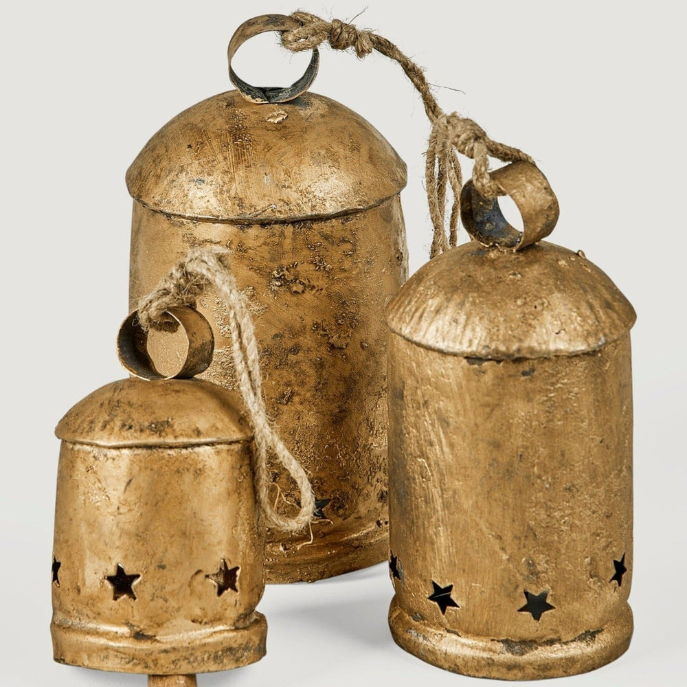 Antique Gold Metal Bell Holiday Ornaments - 6", 8.5", 10" - Set of 3