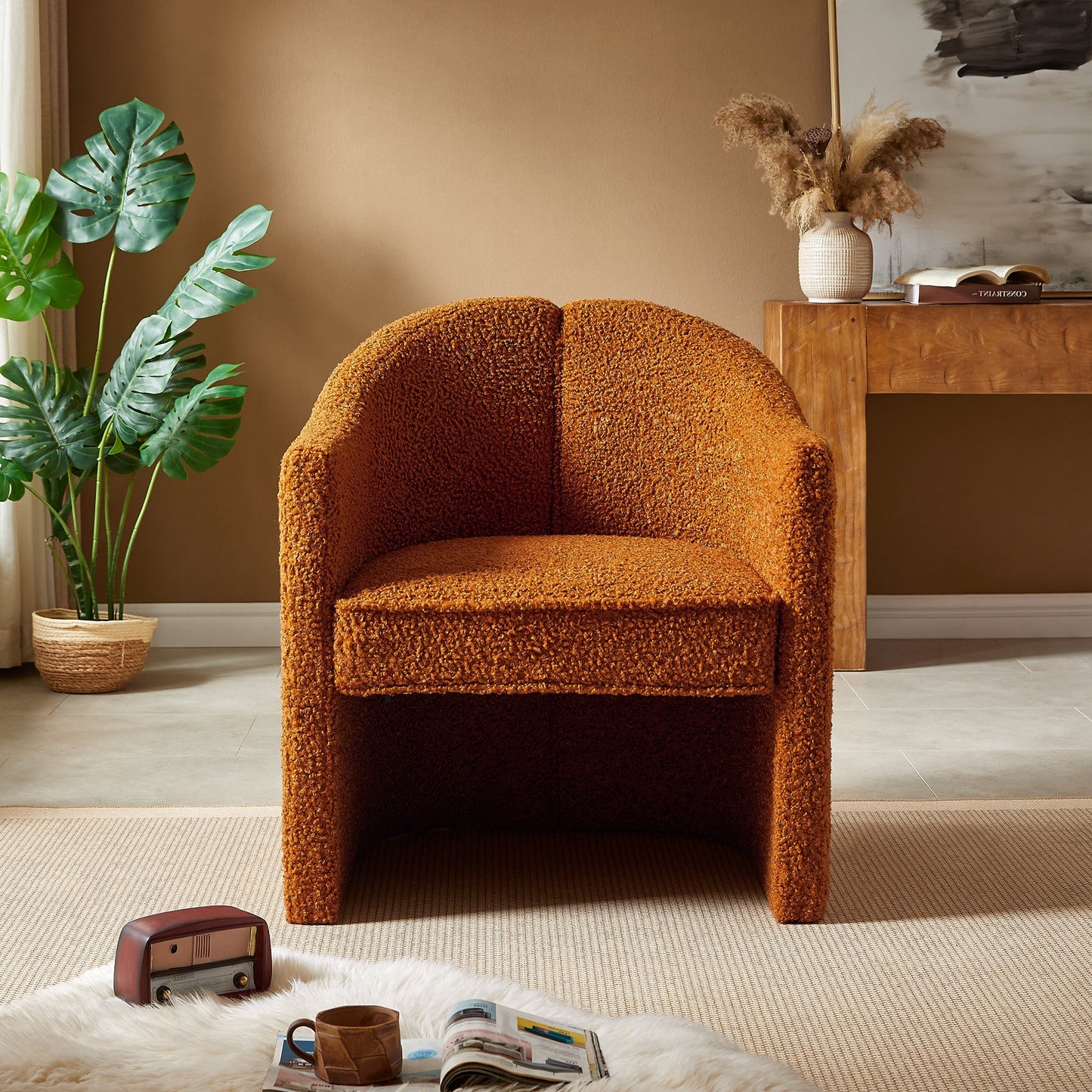 Boucle Curved Design Accent Chair, Caramel