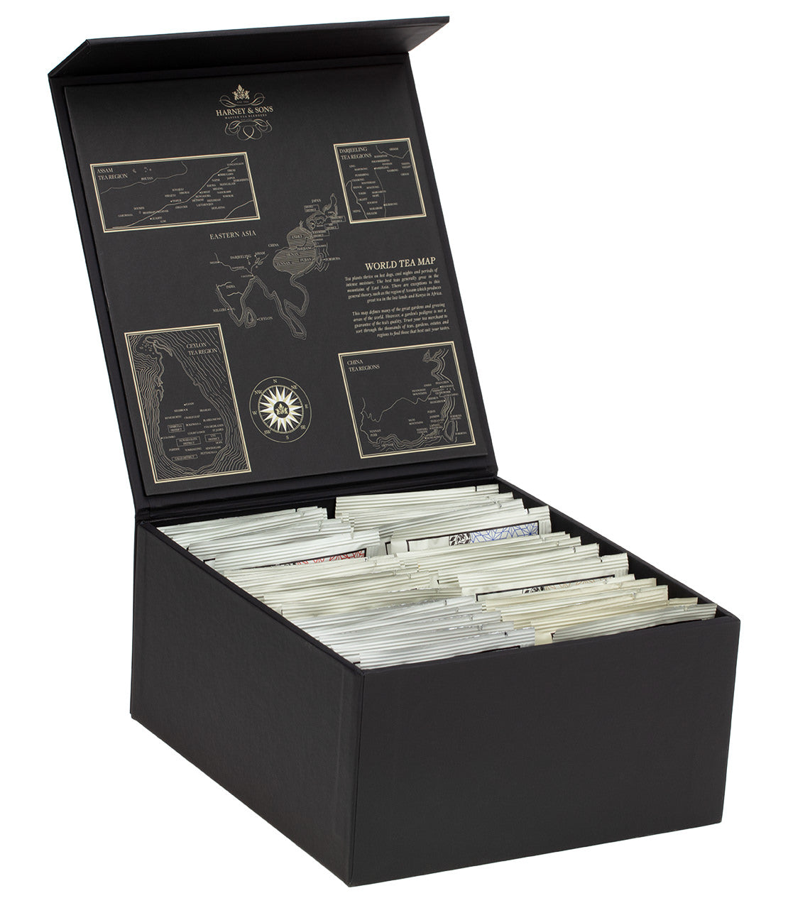 Harney Heritage wrapped sachet tea chest featuring assorted tea flavors in elegant packaging