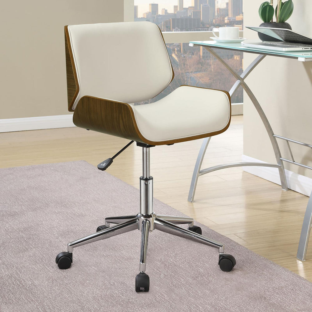 Ecru Faux Leather and Walnut Swivel Office Chair