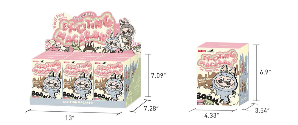 
                      
                        Product packaging with dimensions and branding details for the MONSTERS Exciting Macaron Labubu series on a white background
                      
                    