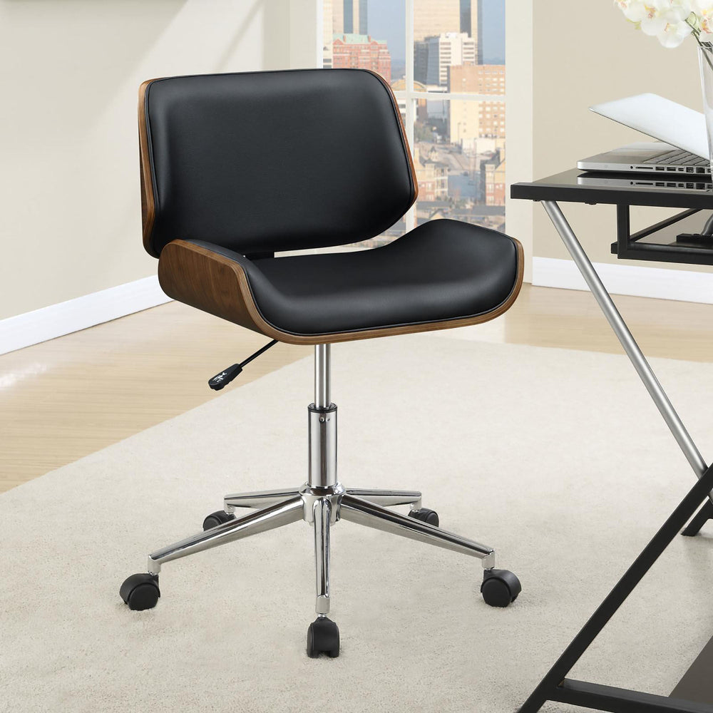 Black Faux Leather and Walnut Swivel Office Chair