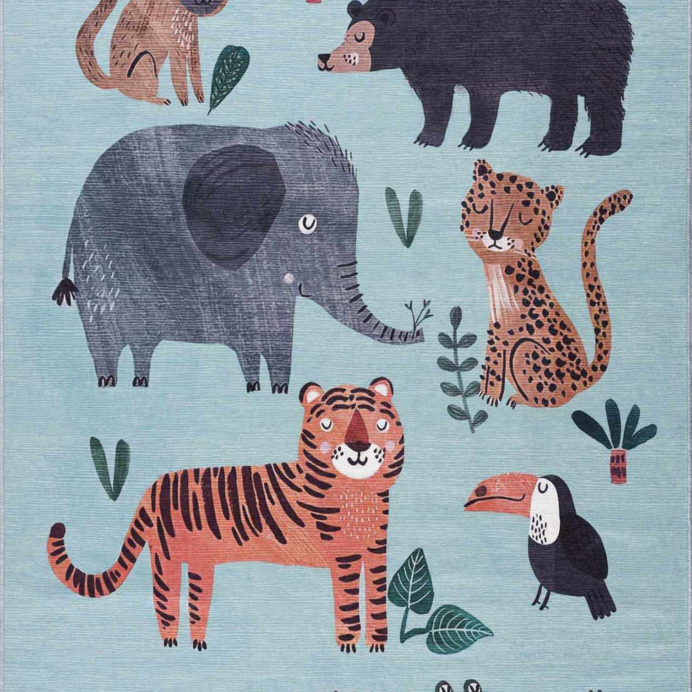 Petey Blue Animal Print Washable Kids Rug