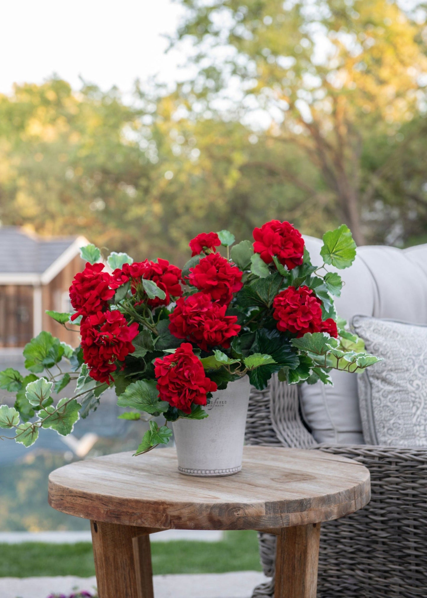 Outdoor Fake Flowers | Weather Resistant Outdoor Red Geranium Bush, 18"