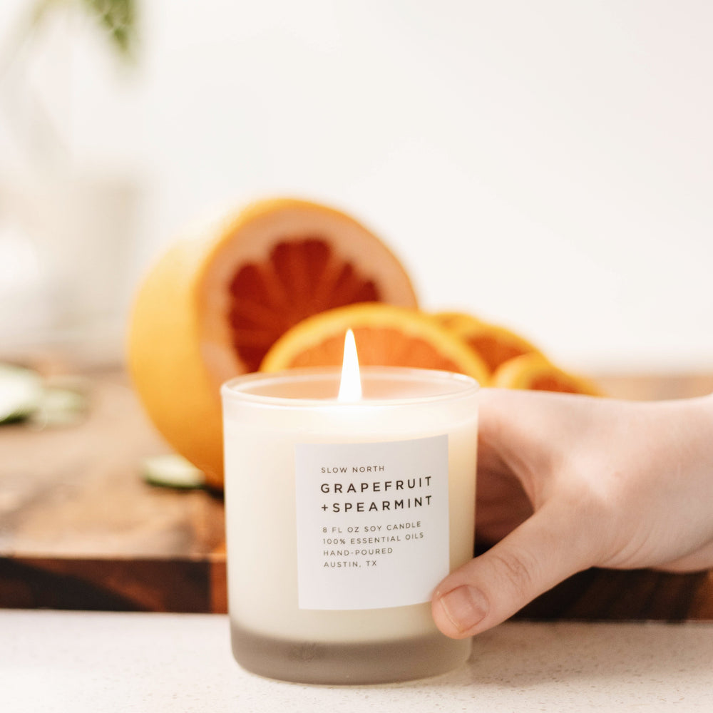
                      
                        Grapefruit + Spearmint Frosted Candle, 8 oz
                      
                    