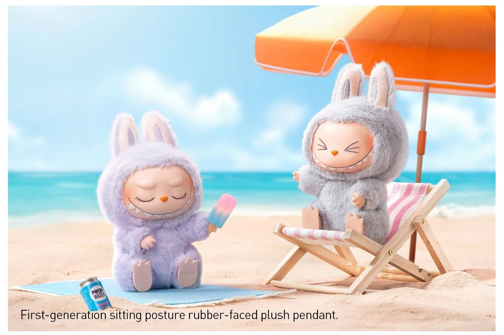 
                      
                        Two labubus from the MONSTERS Have A Seat collection with eyes closed sitting on the beach.
                      
                    