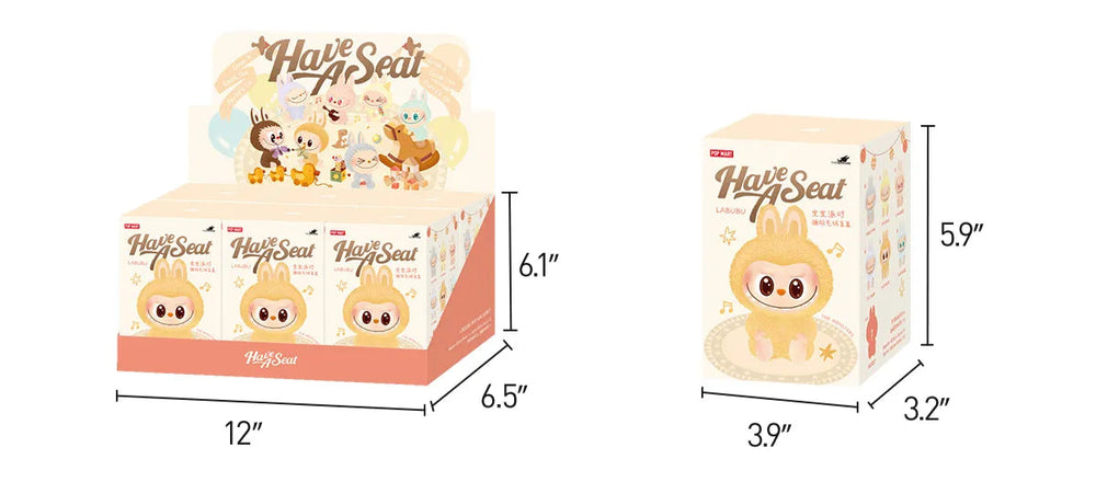 
                      
                        Product packaging with dimensions for the MONSTERS Have A Seat Labubu series on a white background
                      
                    
