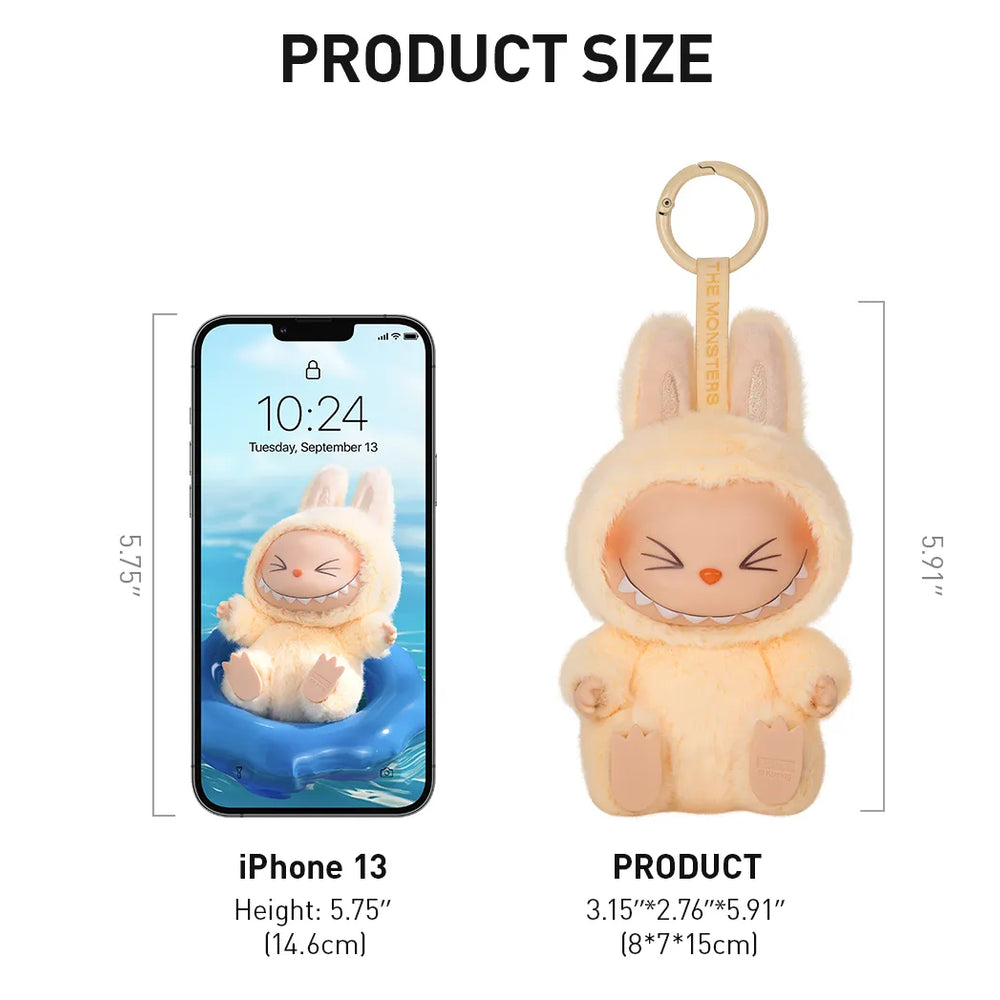 
                      
                        Product size comparison of the MONSTERS Have A Seat Labubu keychain pendant against an iPhone 13.
                      
                    