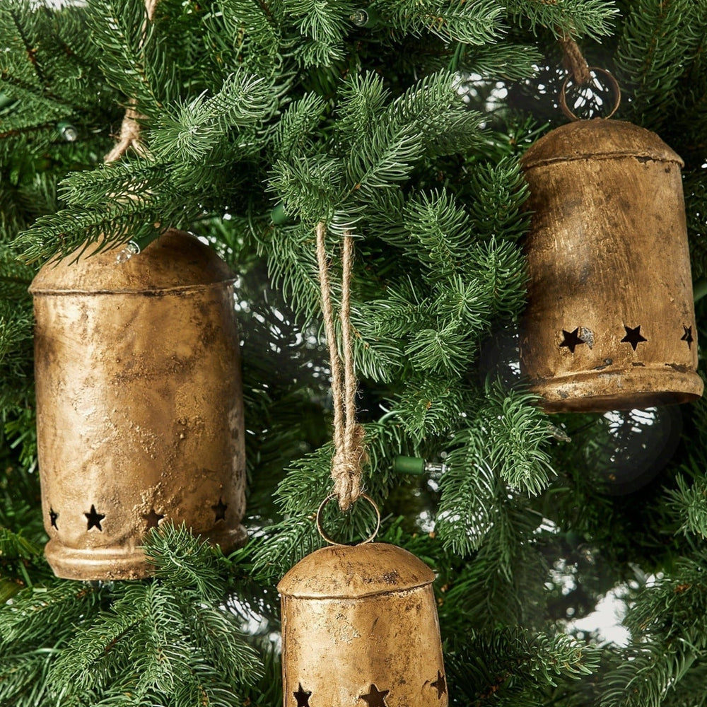 Antique Gold Metal Bell Holiday Ornaments - 6", 8.5", 10" - Set of 3