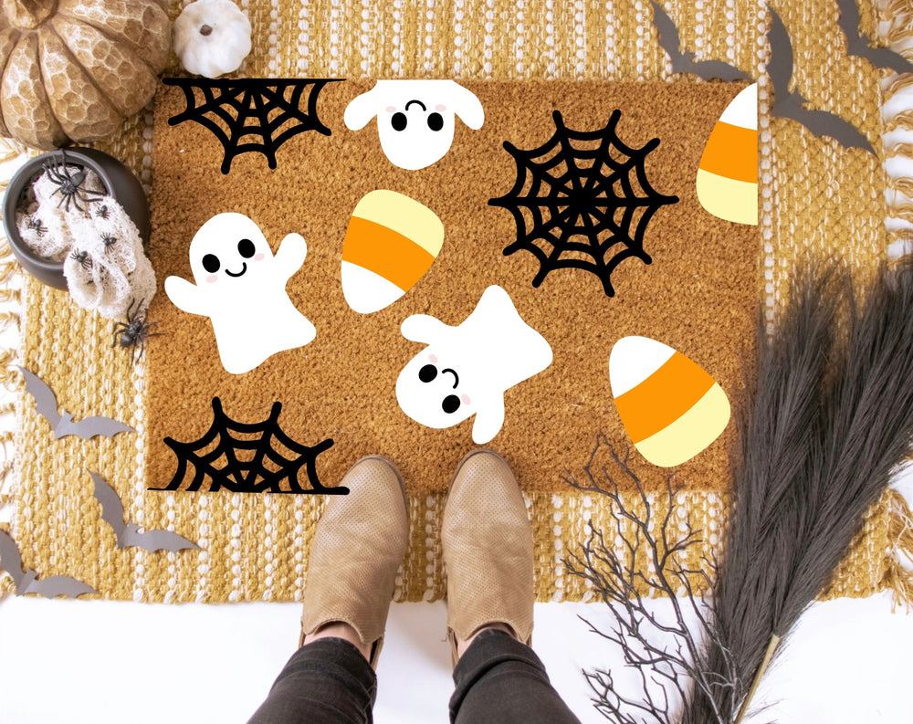 Halloween Doormat | Ghosts, Candy Corn & Webs