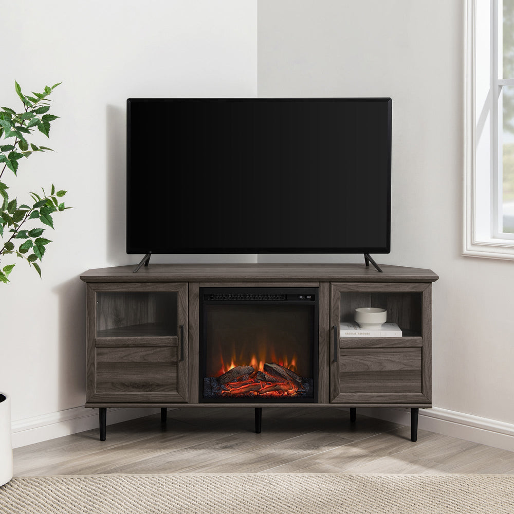 
                      
                        Modern Angled-Side Fireplace Corner TV Stand for TVs up to 60”
                      
                    