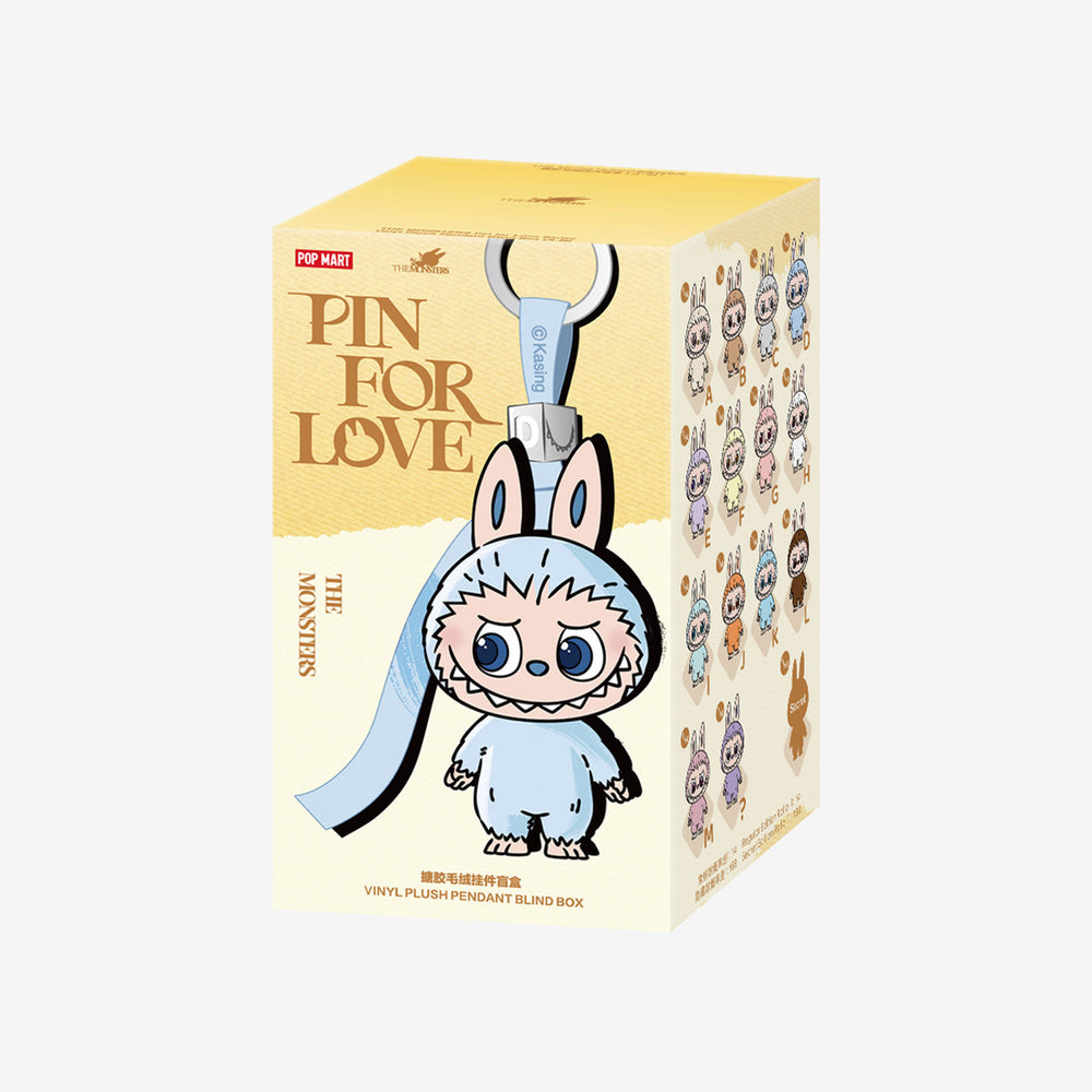 
                      
                        Box packaging of a mini-Labubu vinyl plush pendant with cartoon character design, featuring 'Pin for Love' branding.
                      
                    