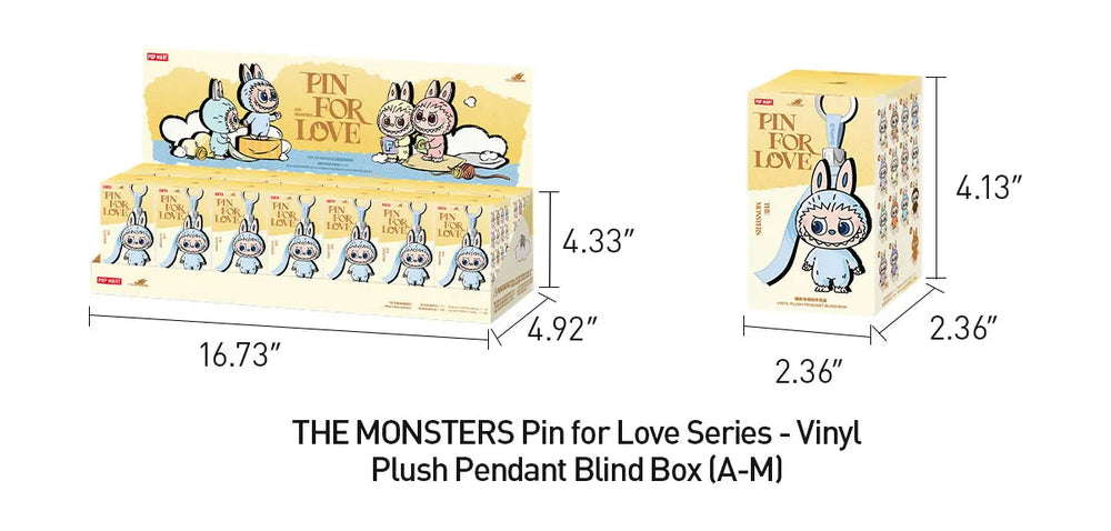 
                      
                        Dimensions and packaging of 'The Monsters Pin for Love' series vinyl plush pendant blind boxes.
                      
                    