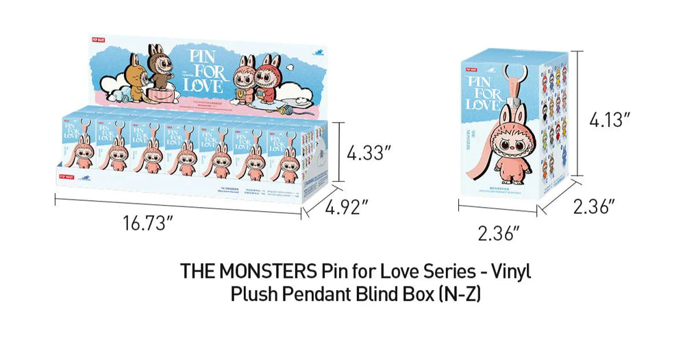 
                      
                        Dimensions and packaging of 'The Monsters Pin for Love' series vinyl plush pendant blind boxes.
                      
                    