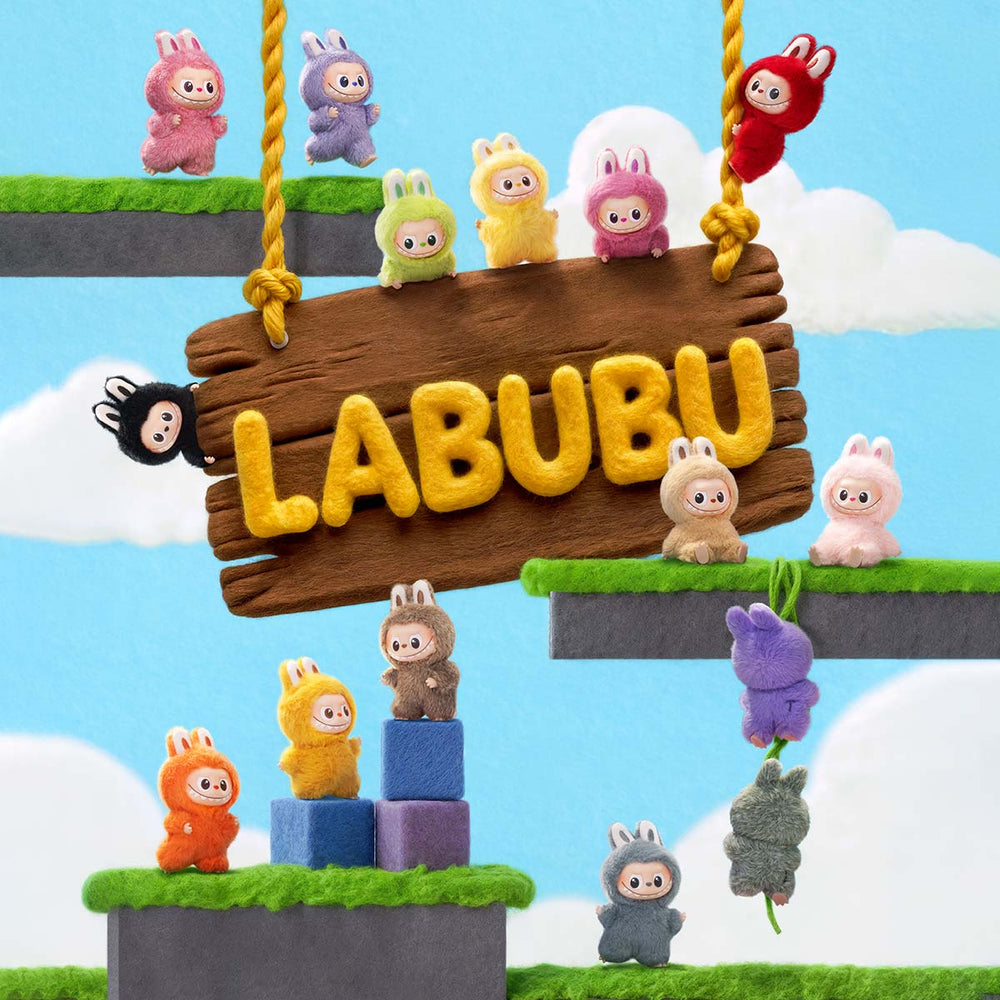 
                      
                        Colorful mini Labubus on a wooden platform with 'LABUBU' branding against a blue sky.
                      
                    