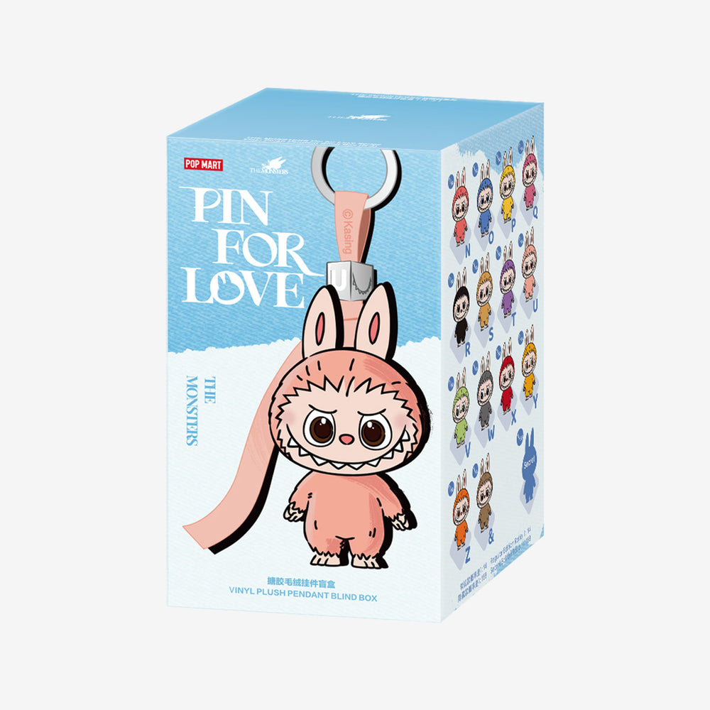 
                      
                        Box packaging of a mini-Labubu vinyl plush pendant with cartoon character design, featuring 'Pin for Love' branding.
                      
                    
