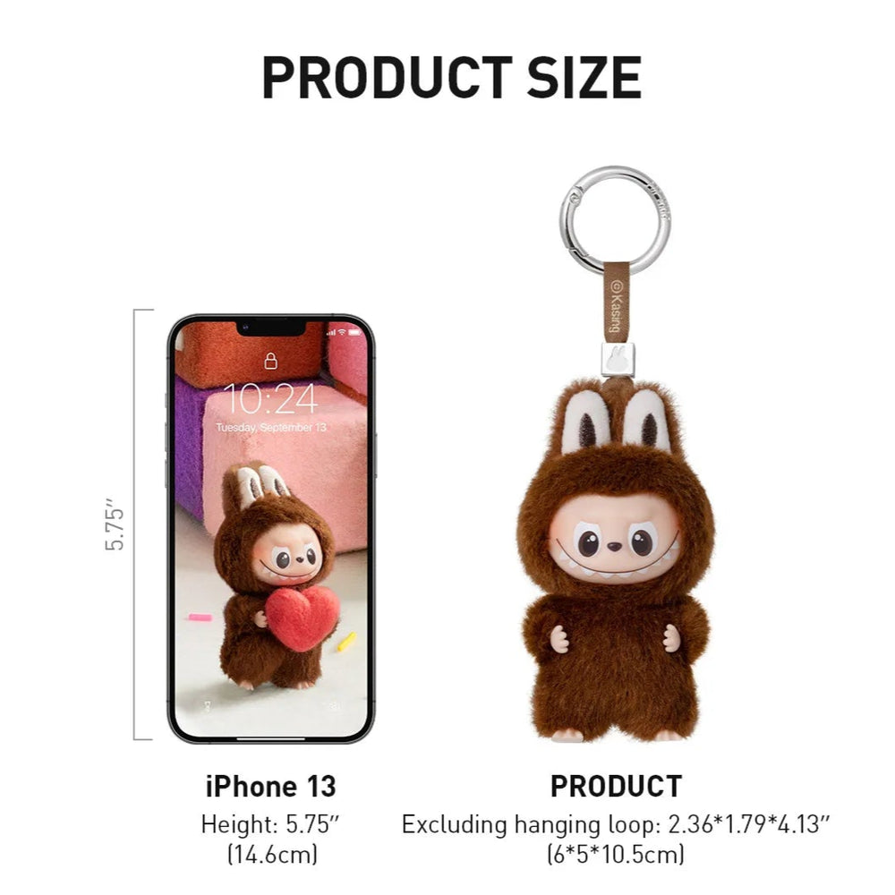 
                      
                        Product size information for a Labubu The MONSTERS 'Pin with Love' mini pendant against an iPhone 13.
                      
                    