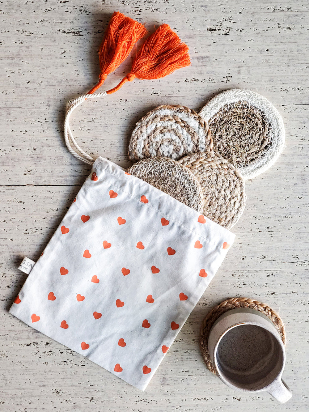 Natural Jute & Seagrass Drink Coaster Gift Set with Heart Pouch