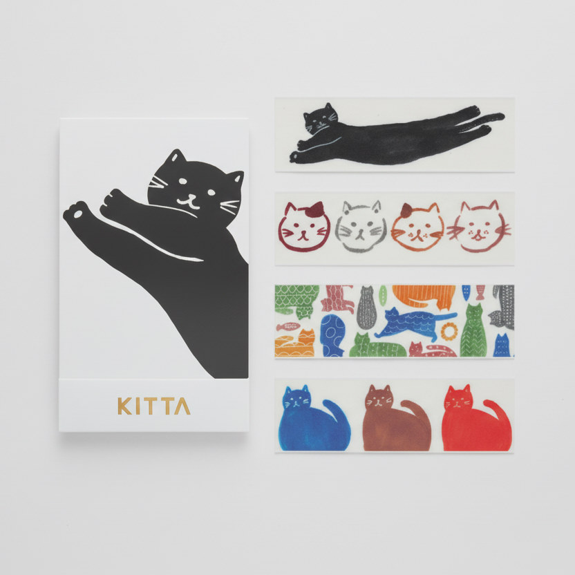 Cat-themed washi tape set by KING JIM, featuring pre-cut decorative strips in various designs.