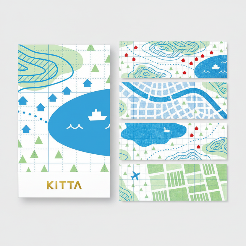 Pre-cut map design washi tape set by KING JIM in basic color scheme, ideal for decorative projects.