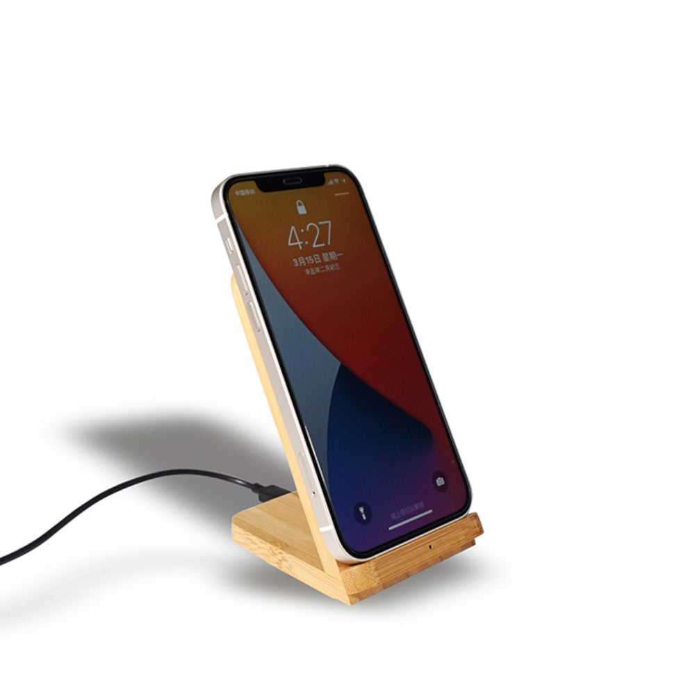 Solid Bamboo Desktop Phone Stand with Built-In Qi-Wireless 10W Charger