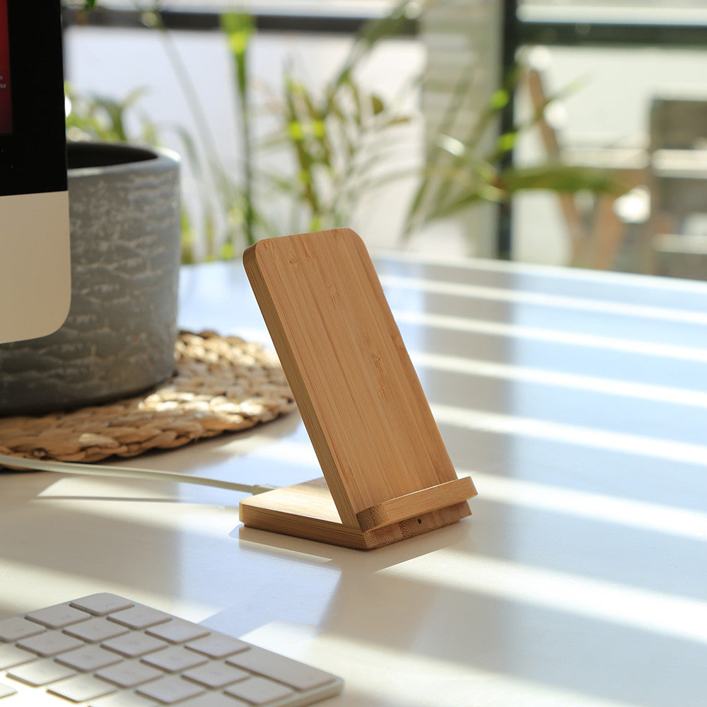 Solid Bamboo Desktop Phone Stand with Built-In Qi-Wireless 10W Charger