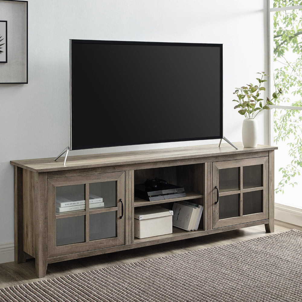 70" Farmhouse Simple Window Pane 2 Door Wood TV Stand