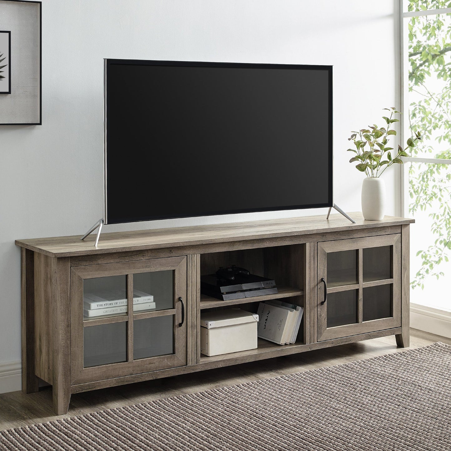70" Farmhouse Simple Window Pane 2 Door Wood TV Stand