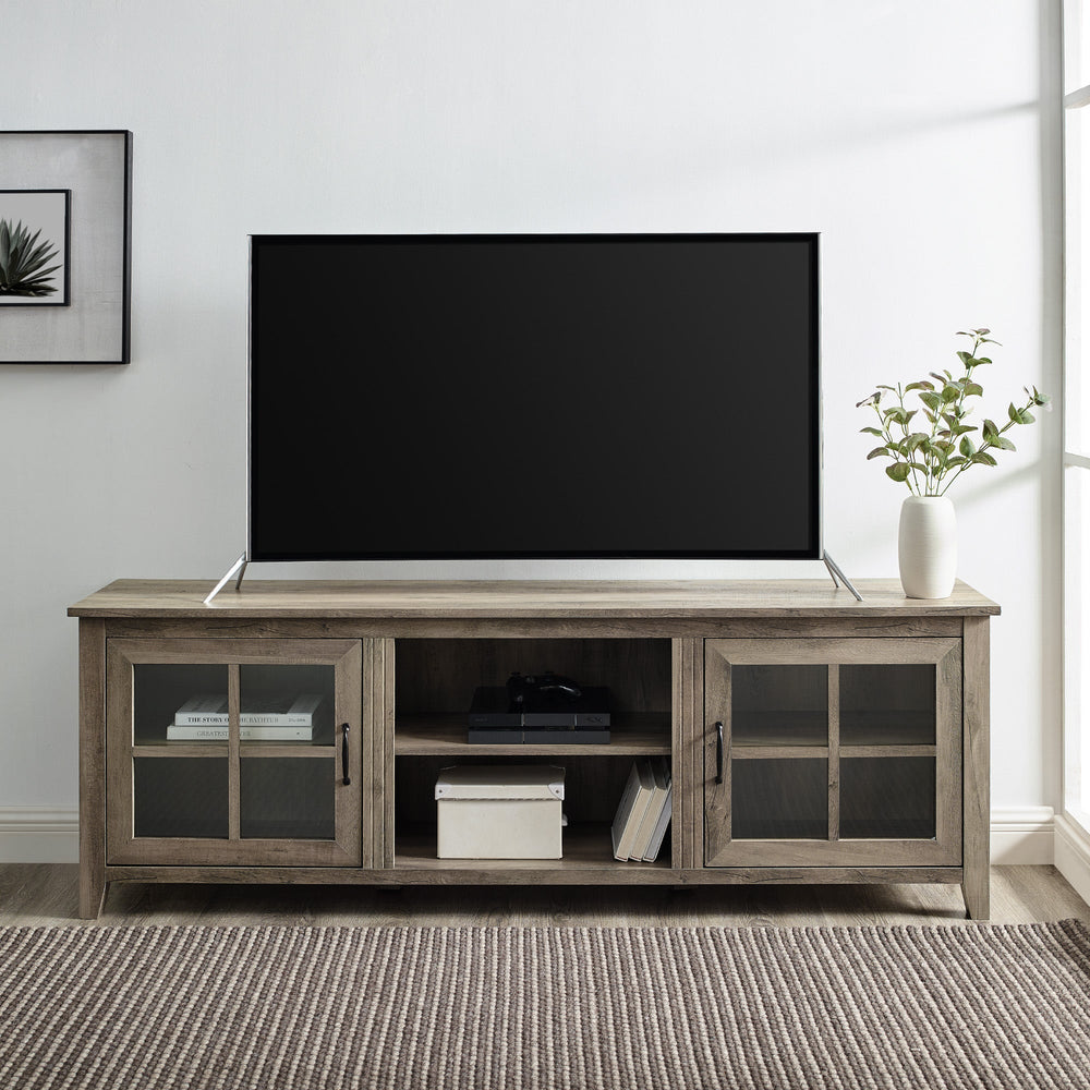 70" Farmhouse Simple Window Pane 2 Door Wood TV Stand