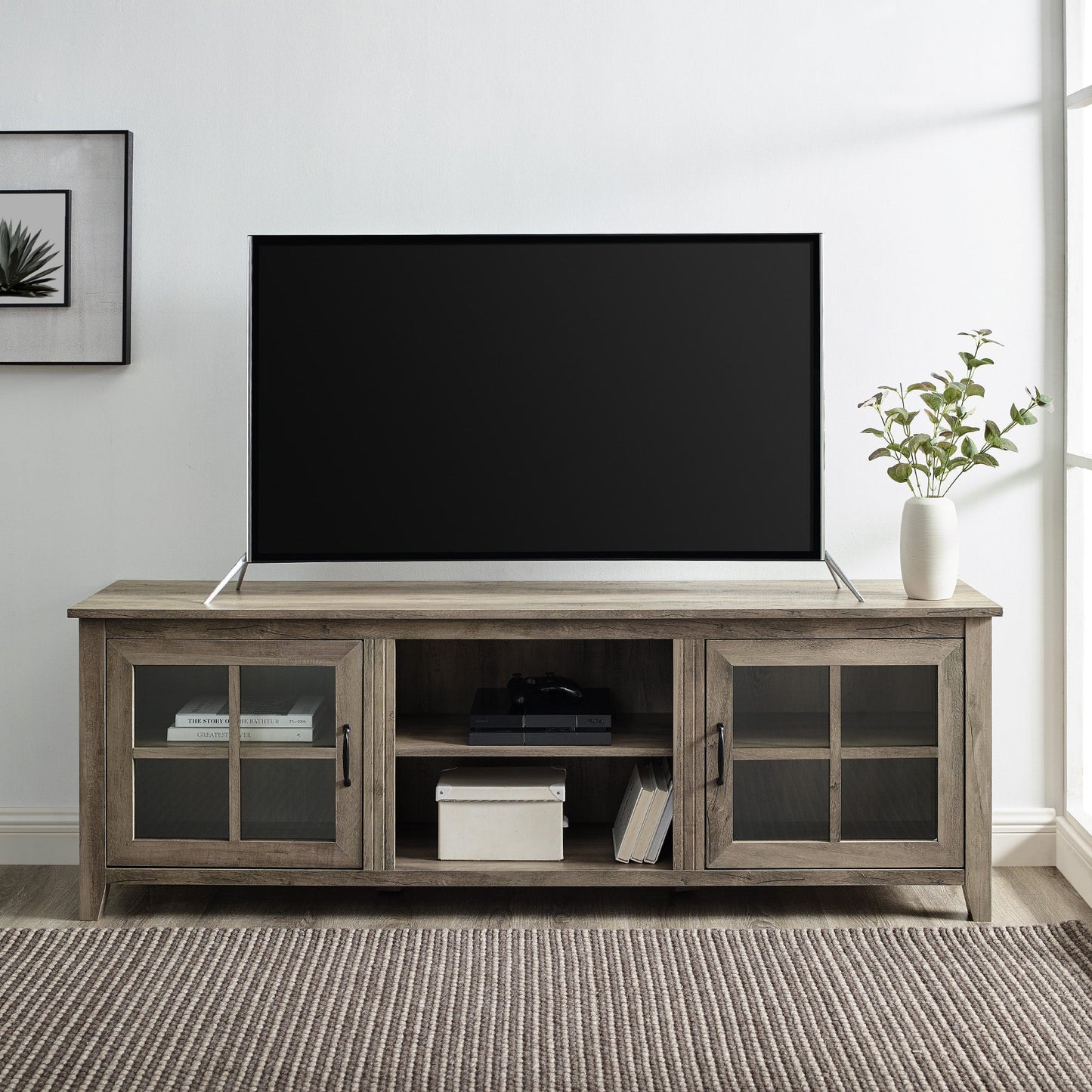 70" Farmhouse Simple Window Pane 2 Door Wood TV Stand