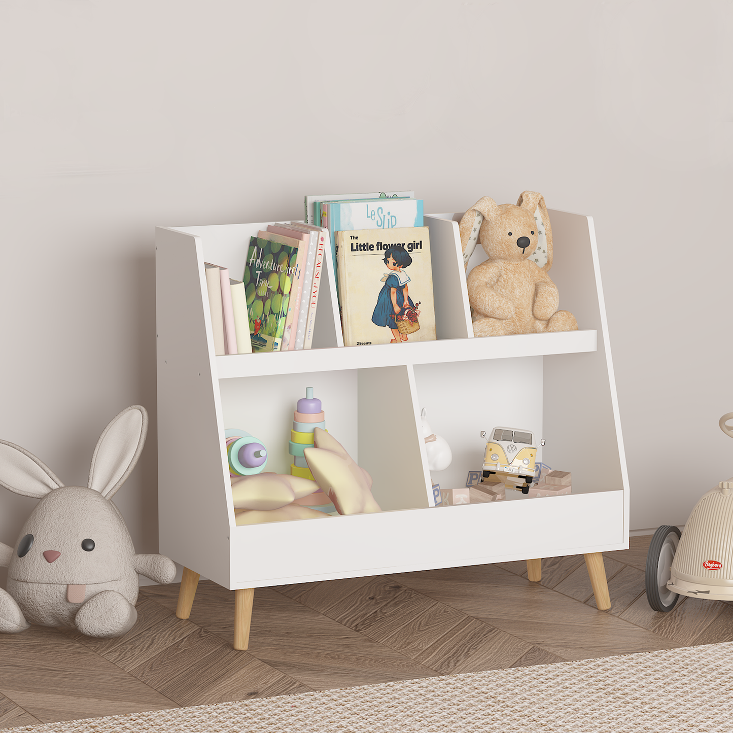 Walker Edison kids wooden bookshelf toy organizer, white open 2-tier bookcase with 5 cubbies and natural wood legs