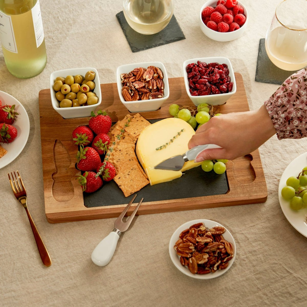 Twine Living Acacia & Slate Cheese Board Set with Ceramic Bowls - lily & onyx