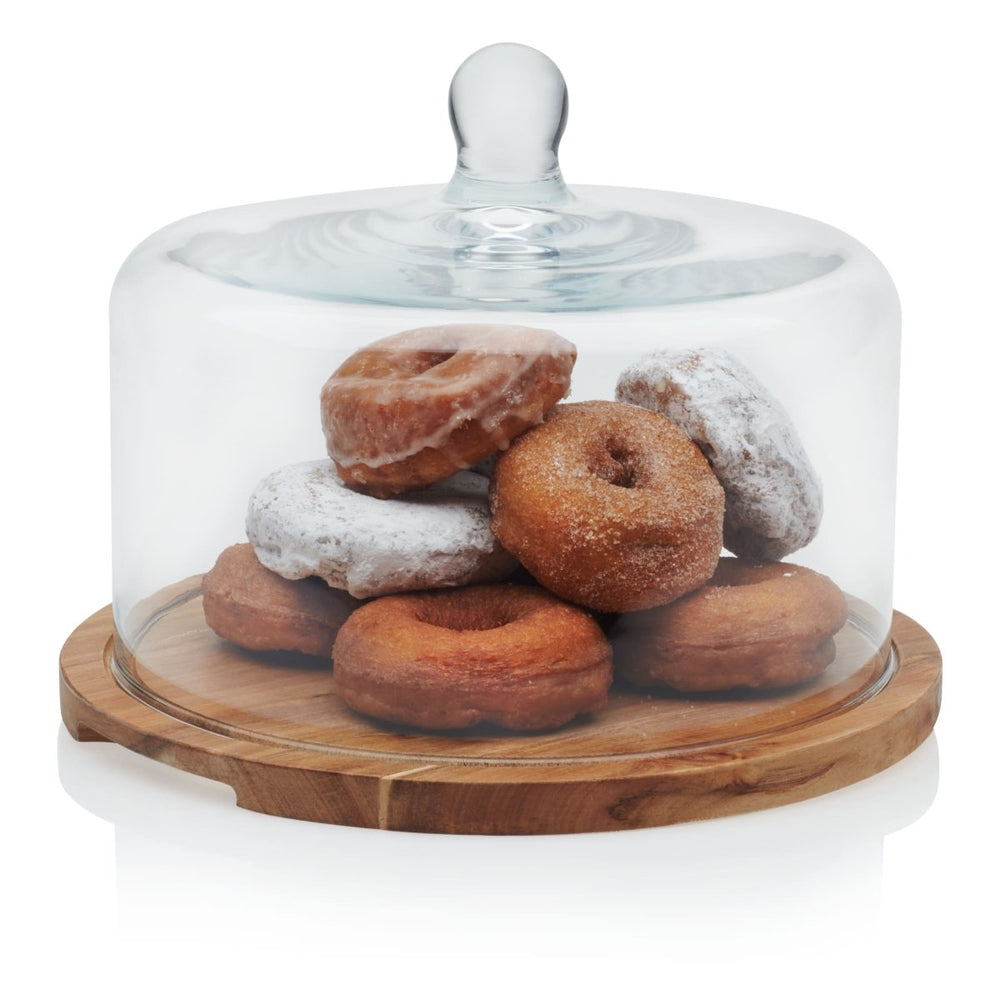 Libbey Acaciawood Flat Round Wood Server Cake Stand with Glass Dome - lily & onyx