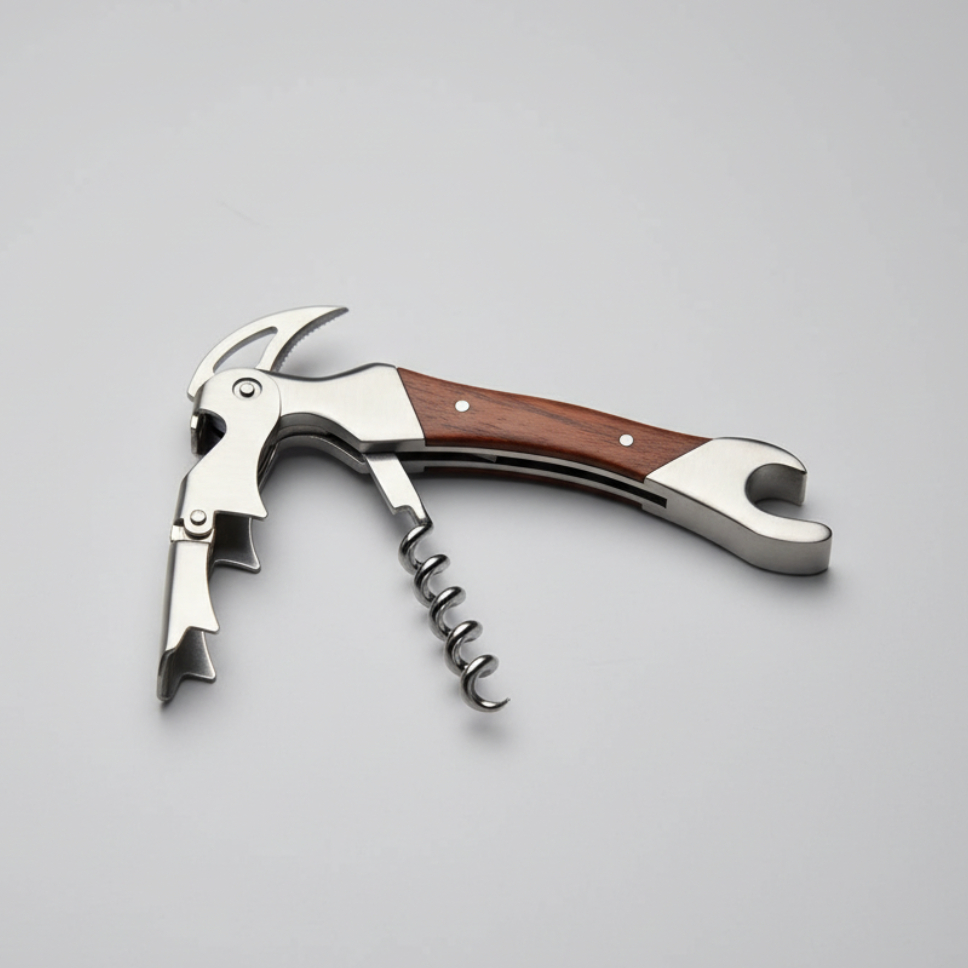 A double-hinged corkscrew wine opener with a polished silver metal body and a brown wooden handle, shown open on a light gray background.