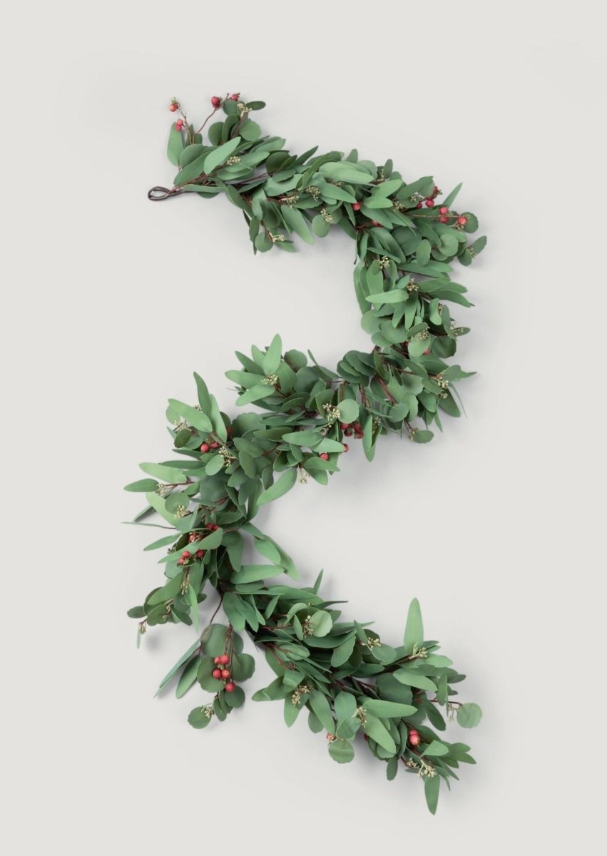 Afloral Deluxe Faux Seeded Eucalyptus Garland with Burgundy Berries - 60"