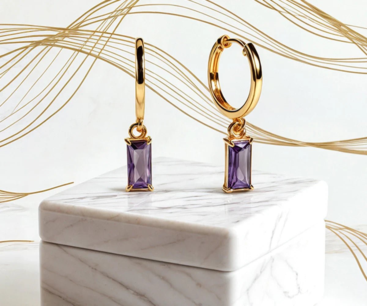 All Cotton and Linen Amethyst Huggie Earrings | 18K Gold - Plated Baguette Mystic Amethyst