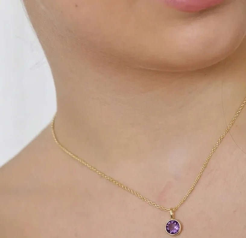 All Cotton and Linen Amethyst Round Pendant Necklace | February Birthstone | 14K Gold - Plated