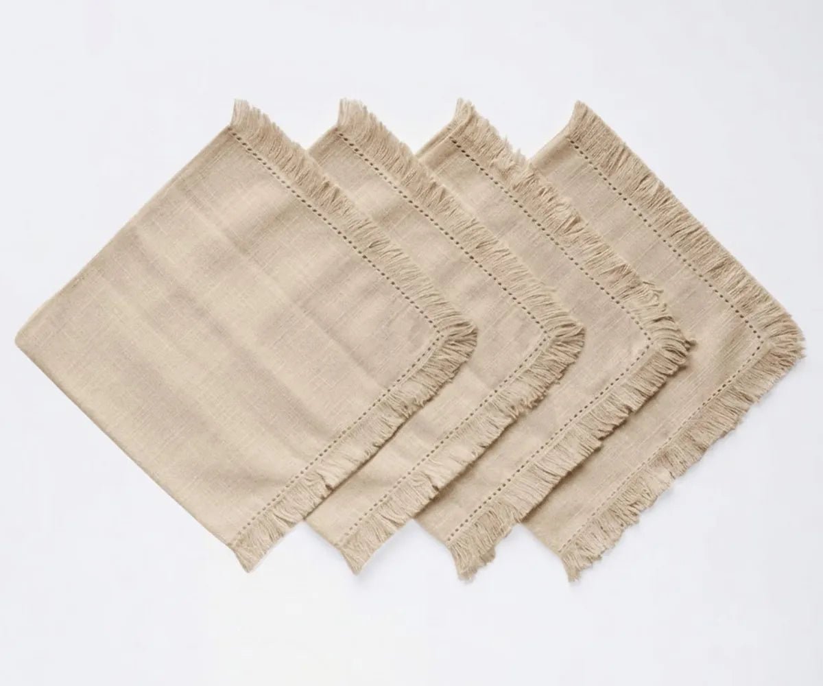 All Cotton and Linen Beige Cotton Fringe Cloth Napkins