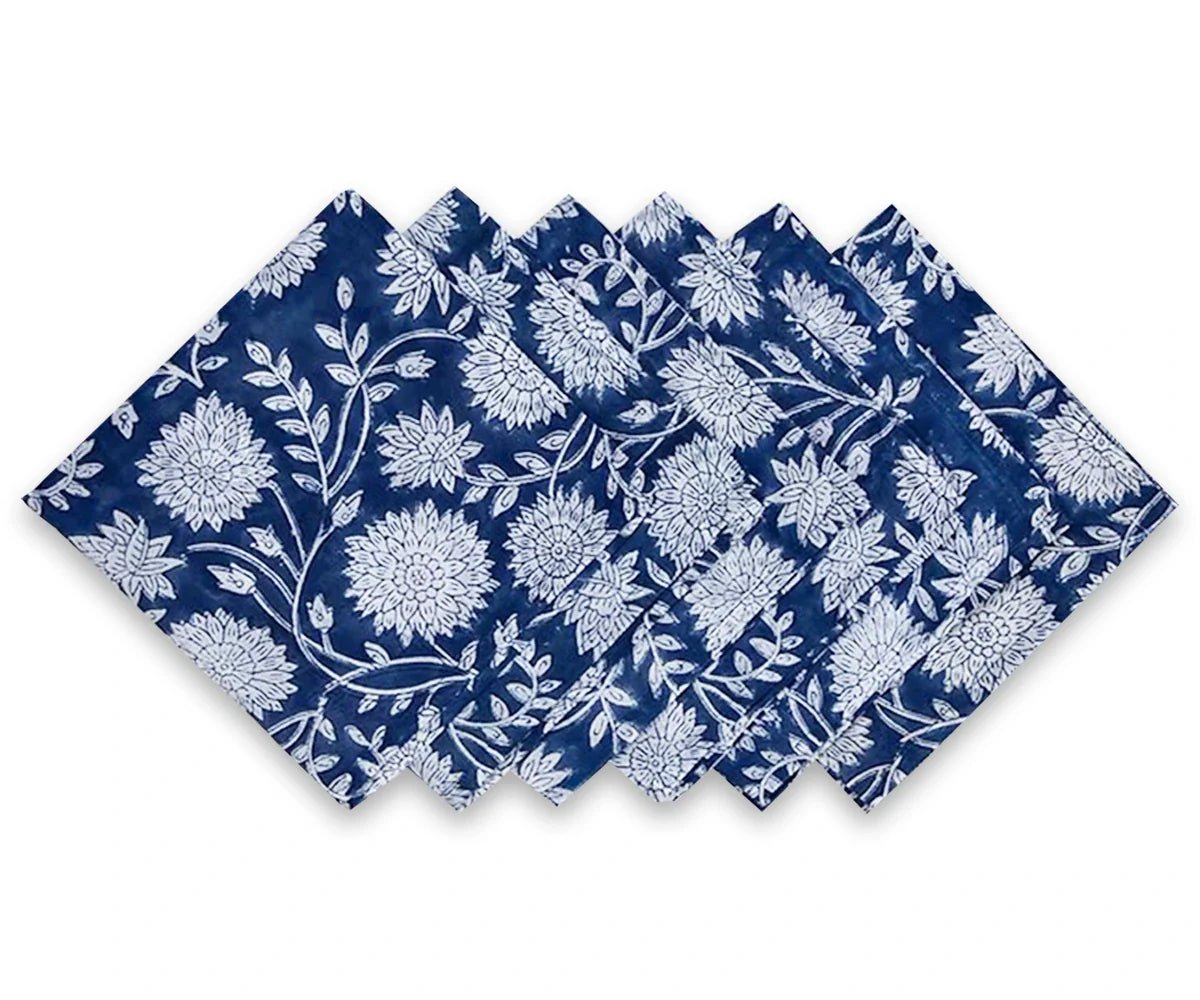 All Cotton and Linen Blue Floral Cotton Napkins - Navy Block Print Table Linens