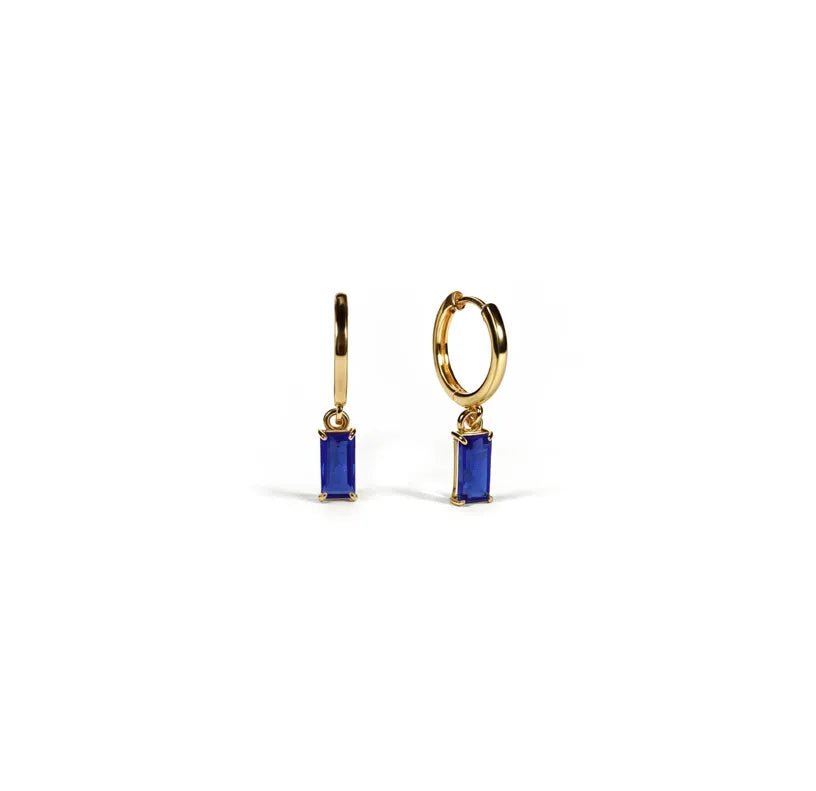 All Cotton and Linen Blue Sapphire Huggie Hoop Earrings | 18K Gold - Plated Baguette - Cut