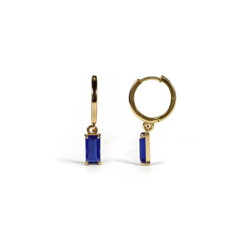 All Cotton and Linen Blue Sapphire Huggie Hoop Earrings | 18K Gold - Plated Baguette - Cut