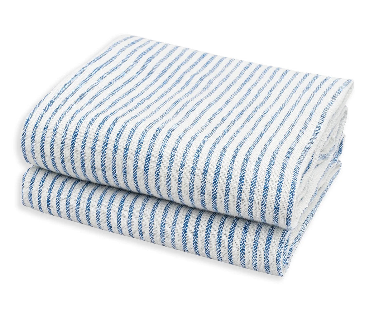 All Cotton and Linen Blue Striped Pure Linen Kitchen Towels - Set of 2
