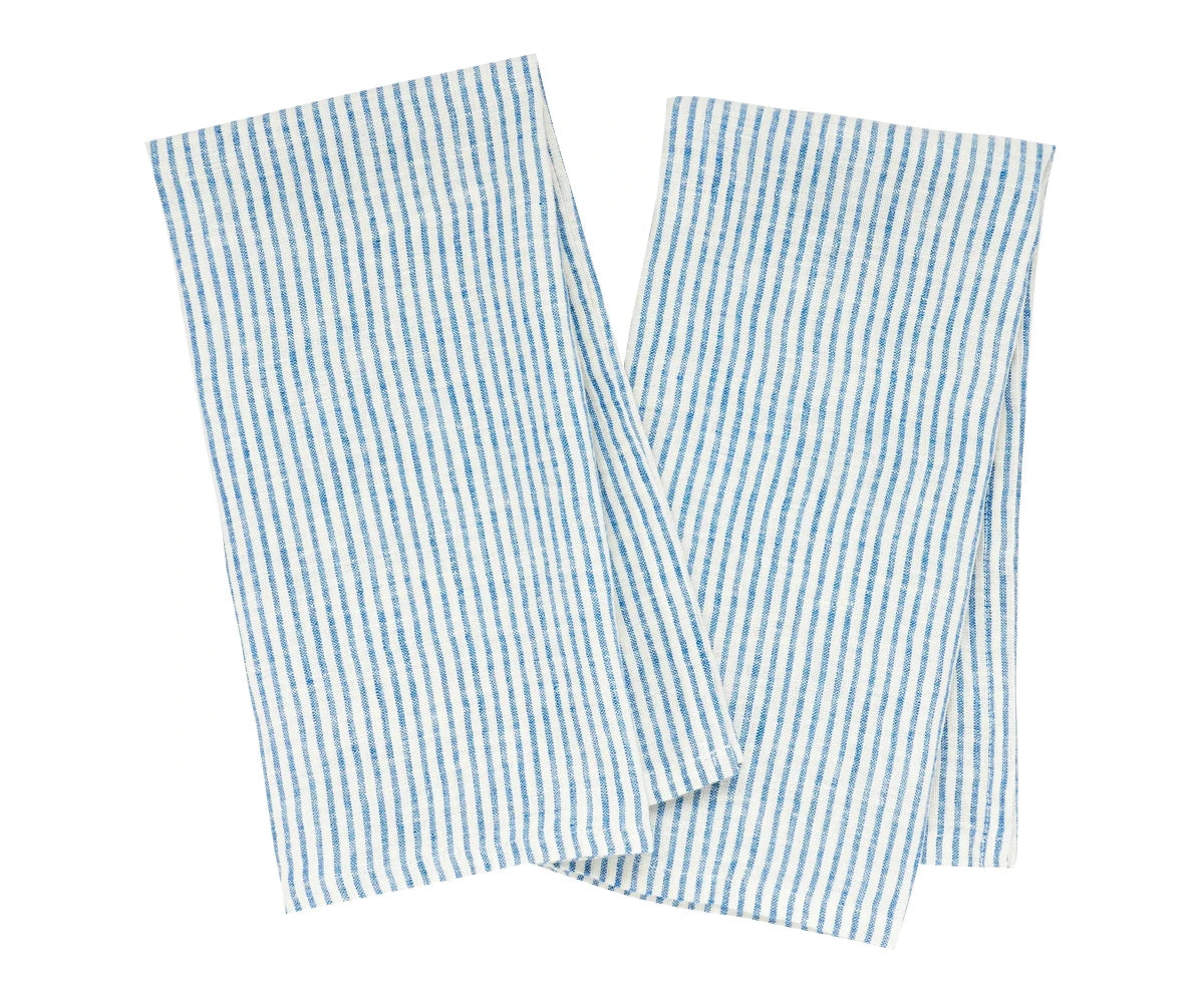 All Cotton and Linen Blue Striped Pure Linen Kitchen Towels - Set of 2