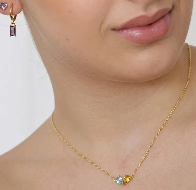 All Cotton and Linen Blue Topaz & Citrine Toi et Moi Necklace – 14K Gold Two - Stone Pendant