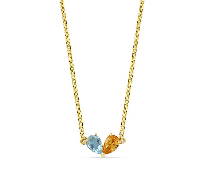 All Cotton and Linen Blue Topaz & Citrine Toi et Moi Necklace – 14K Gold Two - Stone Pendant