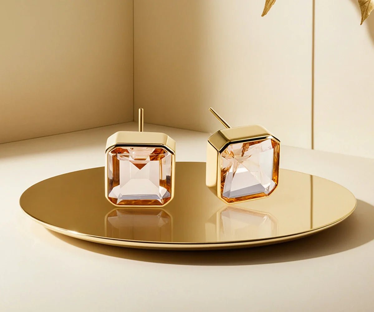 All Cotton and Linen Blush Morganite Stud Earrings | 18K Gold Plated Asscher - Cut Gemstone