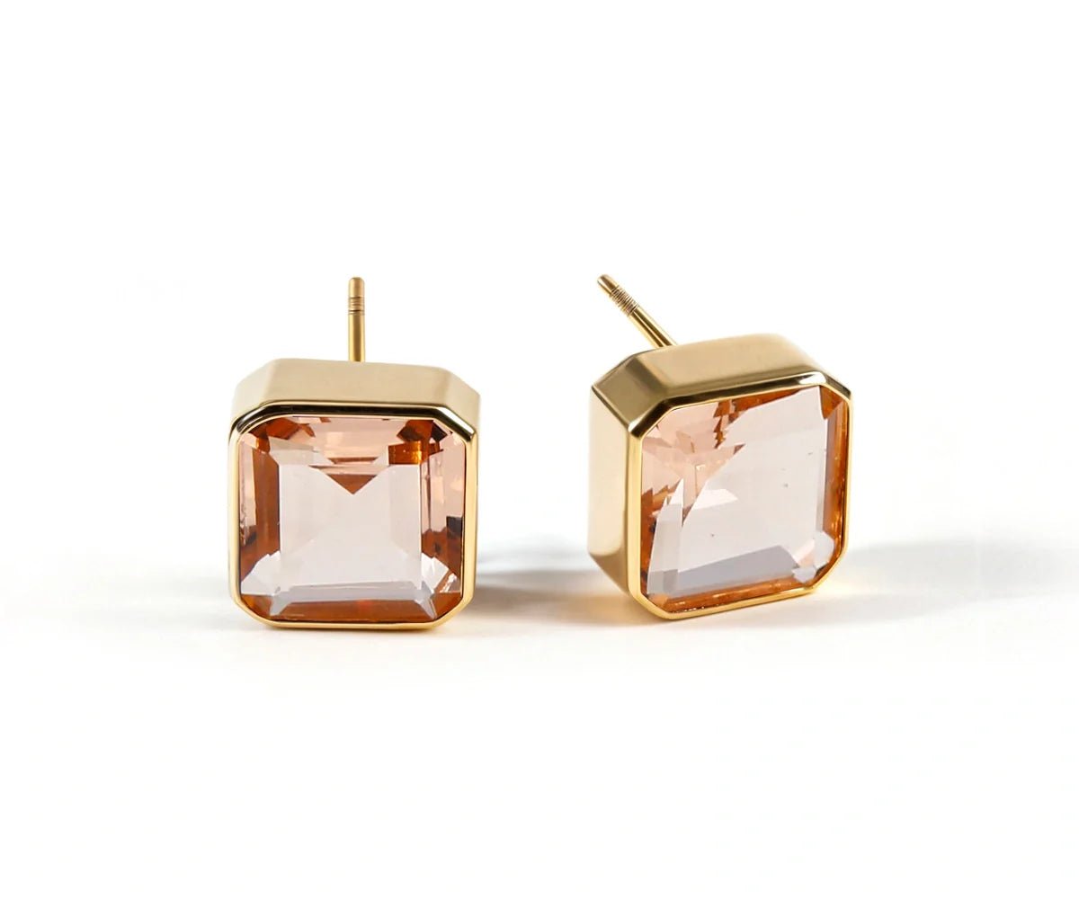 All Cotton and Linen Blush Morganite Stud Earrings | 18K Gold Plated Asscher - Cut Gemstone
