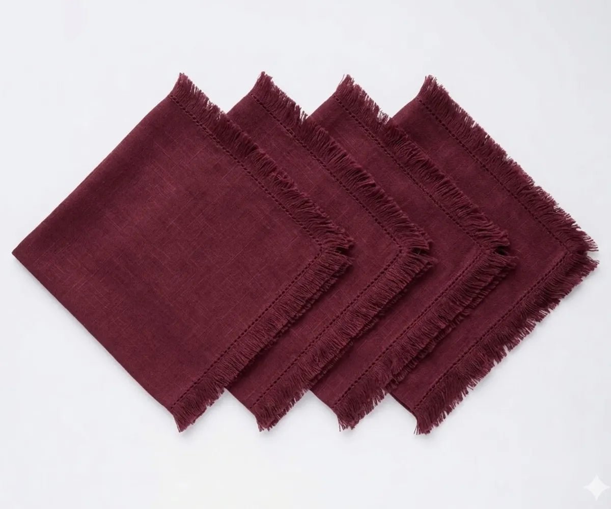 All Cotton and Linen Burgundy Cotton Fringe Cloth Napkins